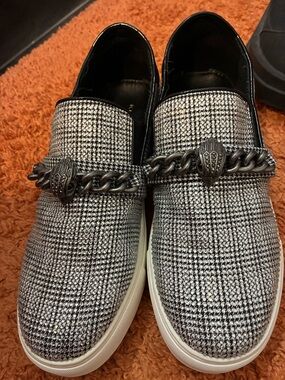 KURT GEIGER Black & White Tweed Slip-On Sneakers with Eagle and Chain Accent